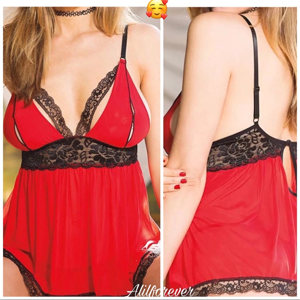 🥰 Red & Black Babydoll Lingerie 2X - Picture 6 of 6